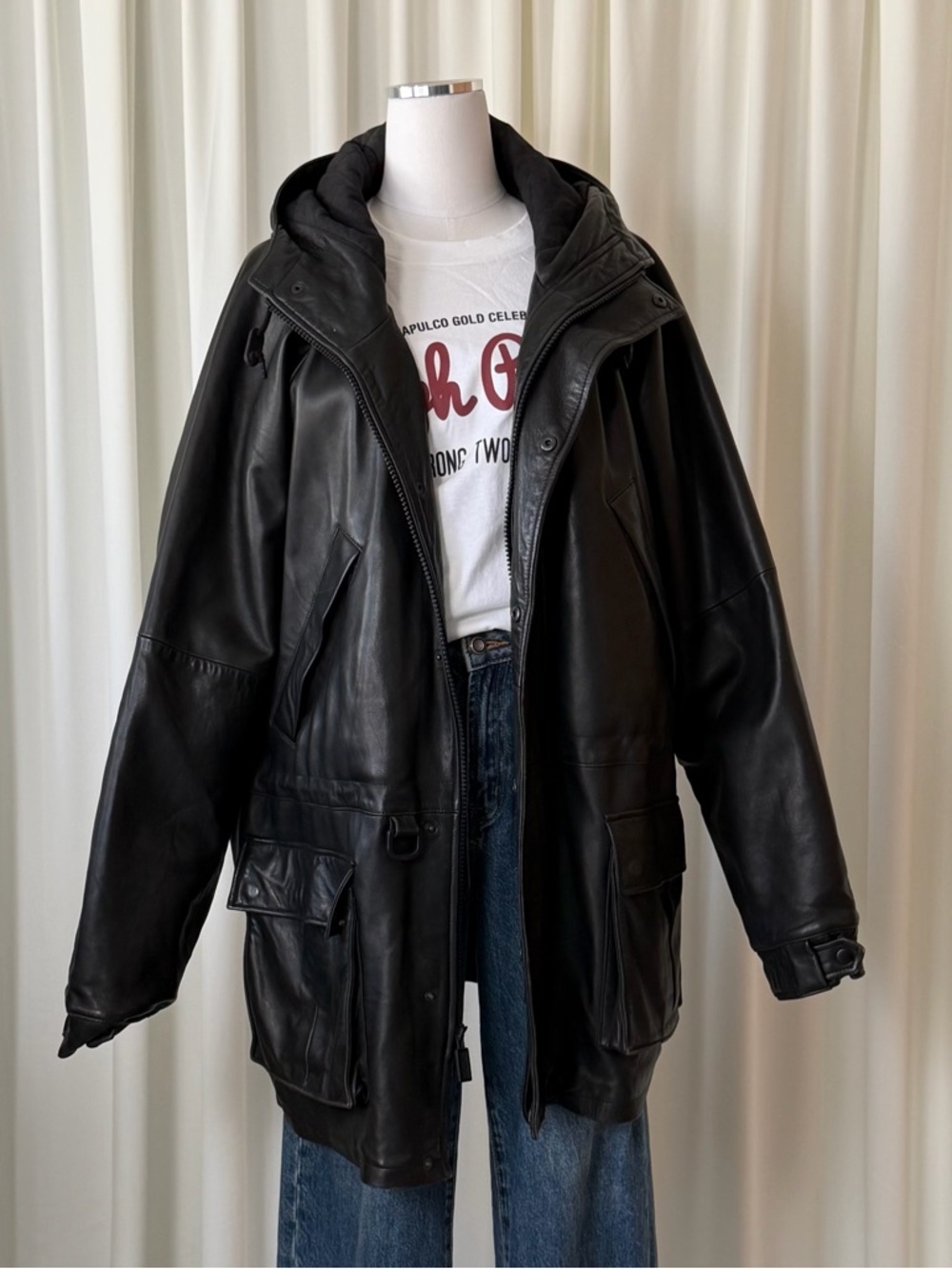 Vintage 90s Polo Sport Ralph Lauren Leather Parka Jacket Hooded Black XL Rare.